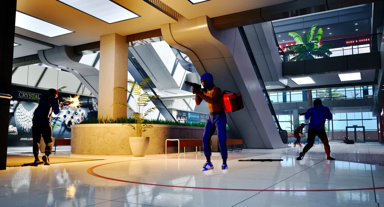 A firefight inside a multilevel shopping mall